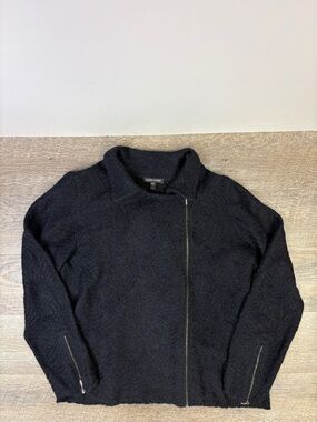 Eileen Fisher Black Mohair Cat’s Eye Blend Asymmetrical Zip Jacket L Luxe